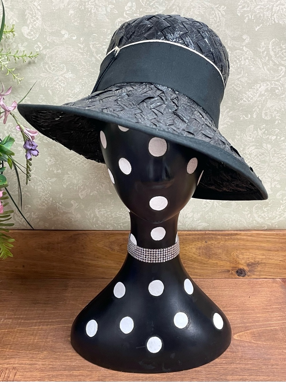 Vintage 1960s Black Cello Straw Basket Weave Rolled Brim Hat Mod Mid Century - Picture 3 of 9